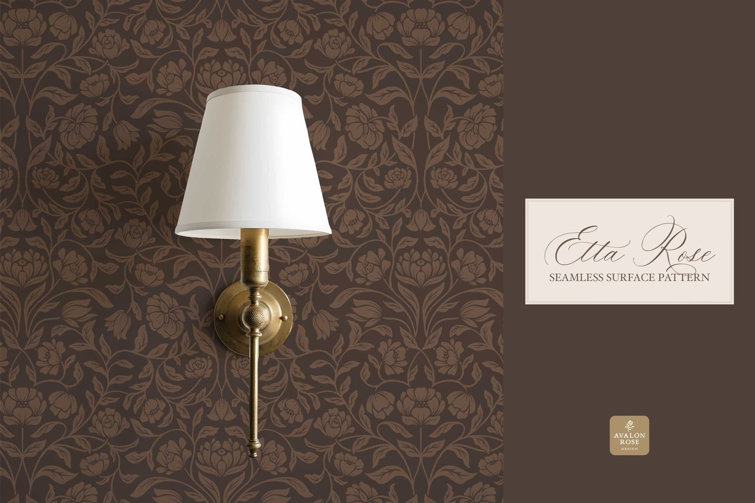 Vintage inspired hand drawn climbing rose damask in a woodblock style in dark brown on wallpaper