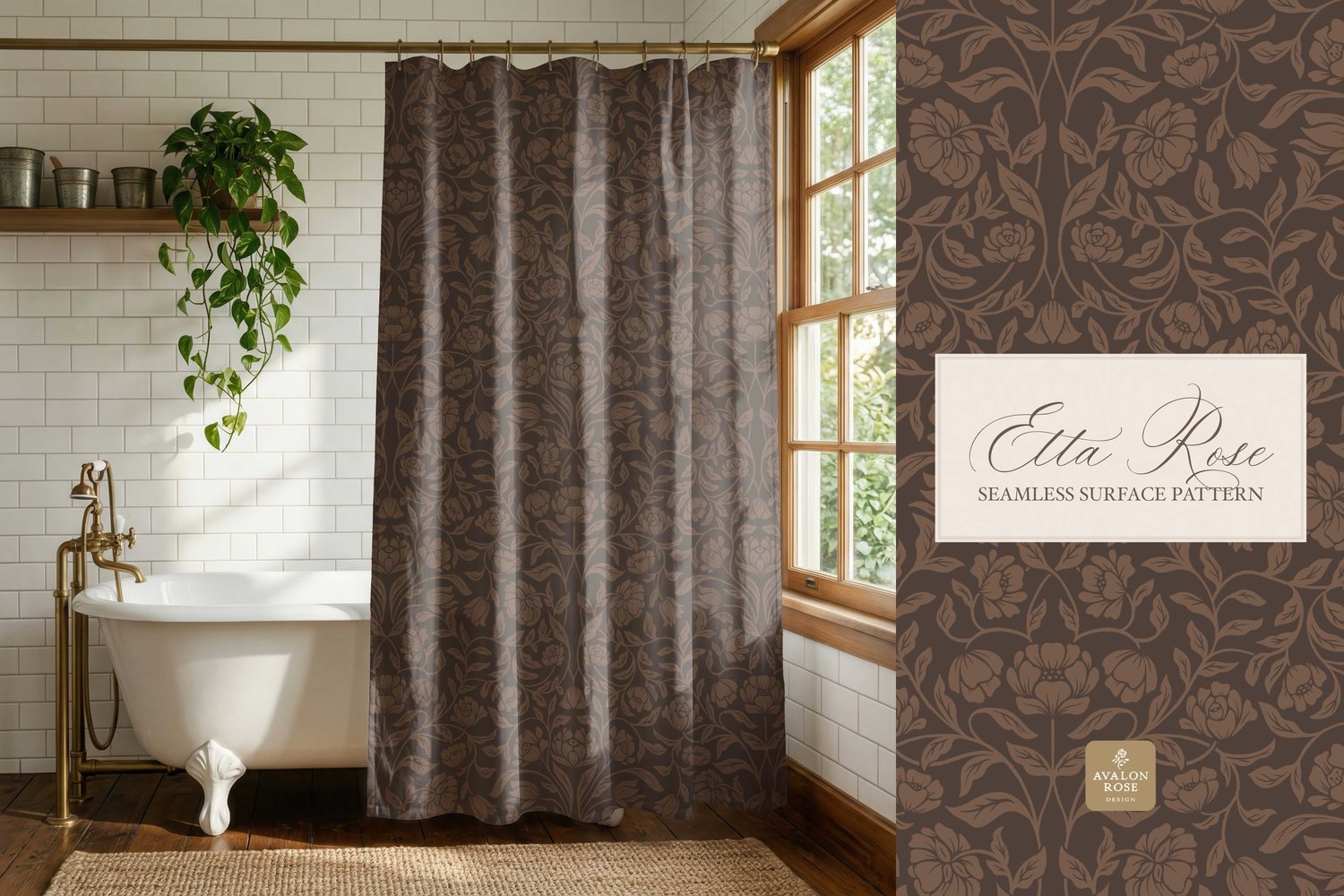 Vintage inspired hand drawn climbing rose damask in a woodblock style in dark brown on a curtain