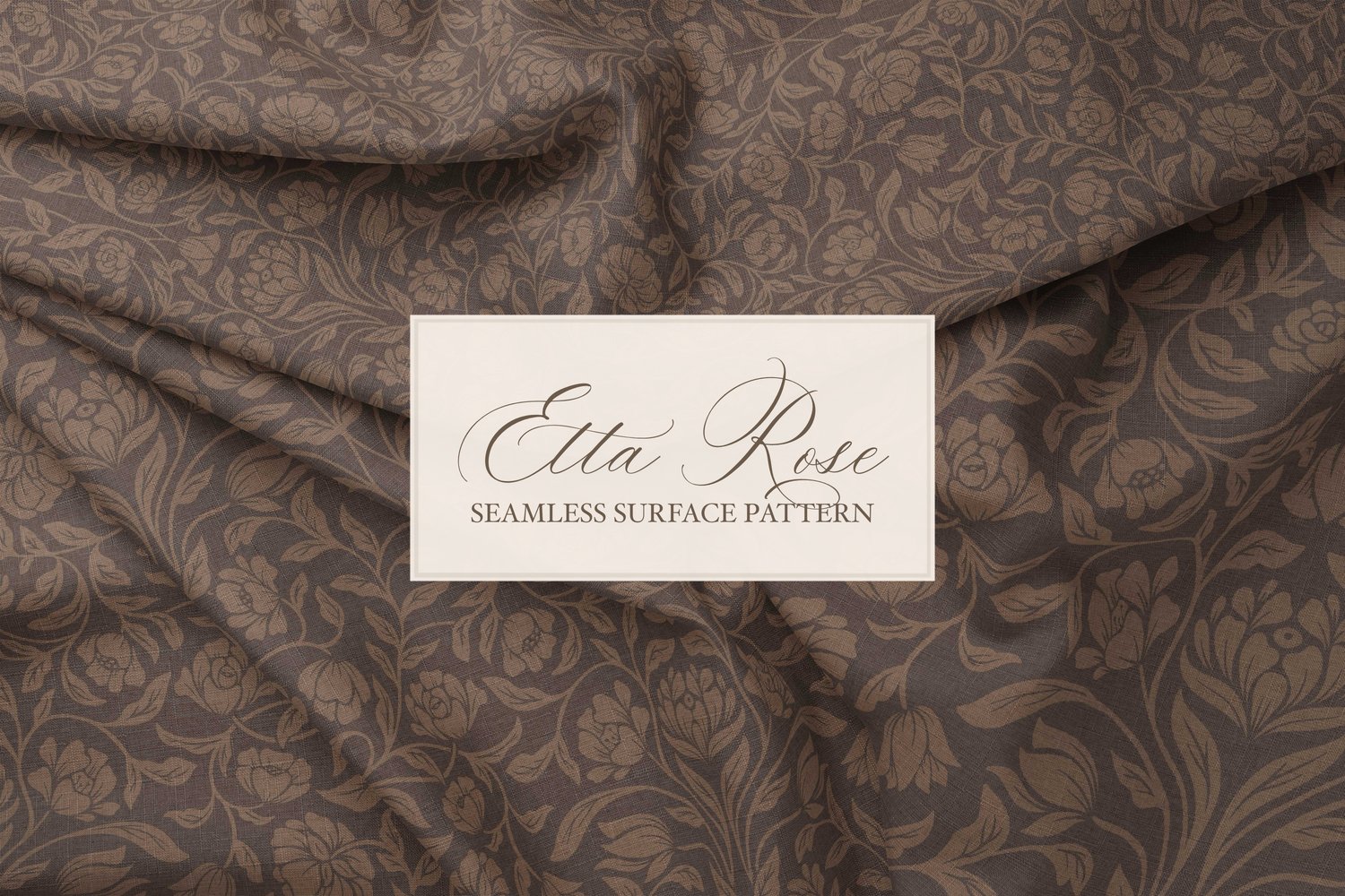Vintage inspired hand drawn climbing rose damask in a woodblock style in dark brown on fabric