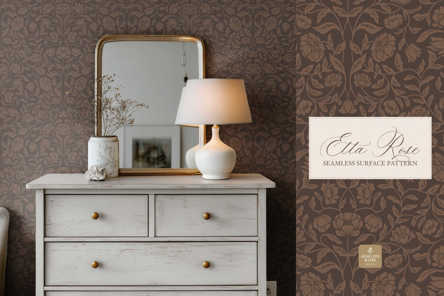 Vintage inspired hand drawn climbing rose damask in a woodblock style in dark brown on wallpaper