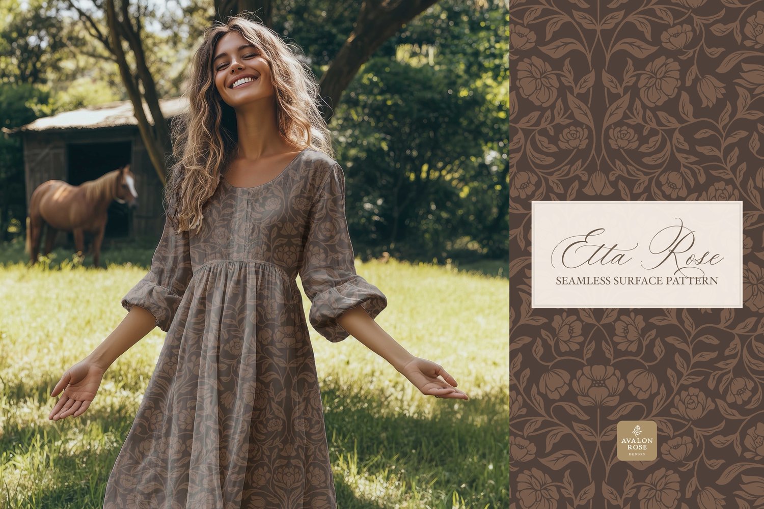 Vintage inspired hand drawn climbing rose damask in a woodblock style in dark brown on a dress