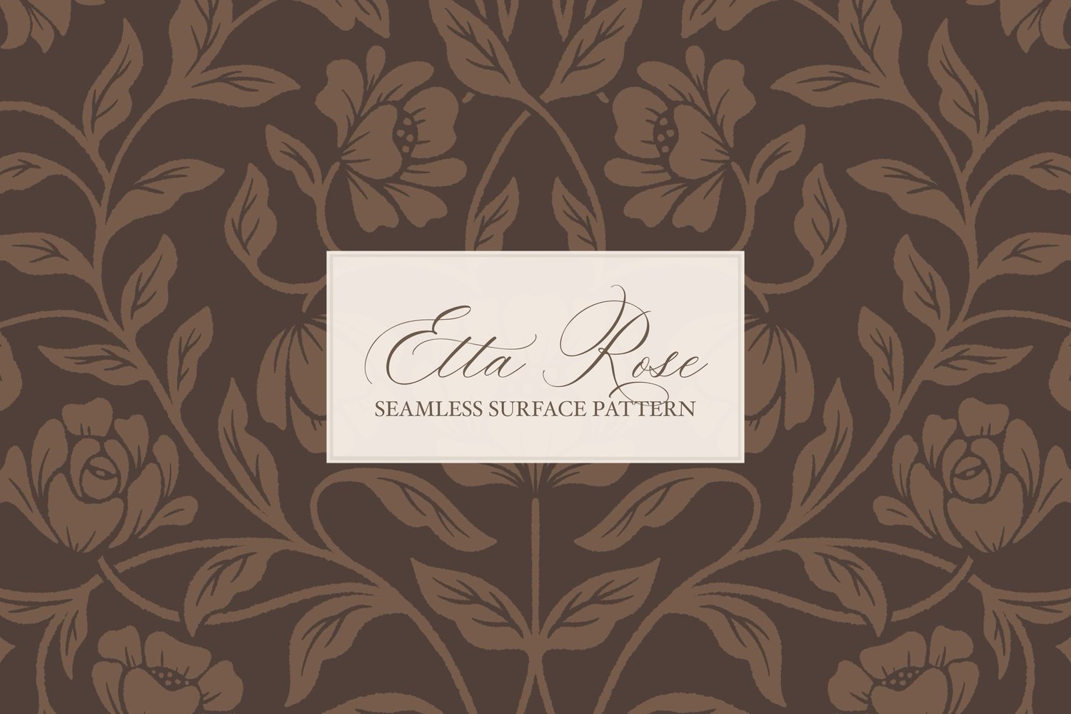 Vintage inspired hand drawn climbing rose damask in a woodblock style in dark brown