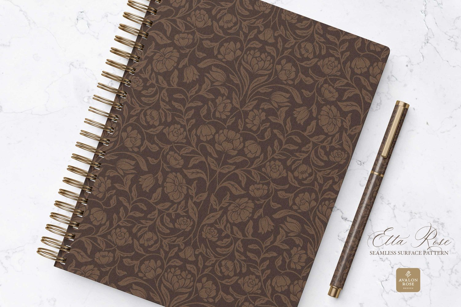 Vintage inspired hand drawn climbing rose damask in a woodblock style in dark brown on a notebook