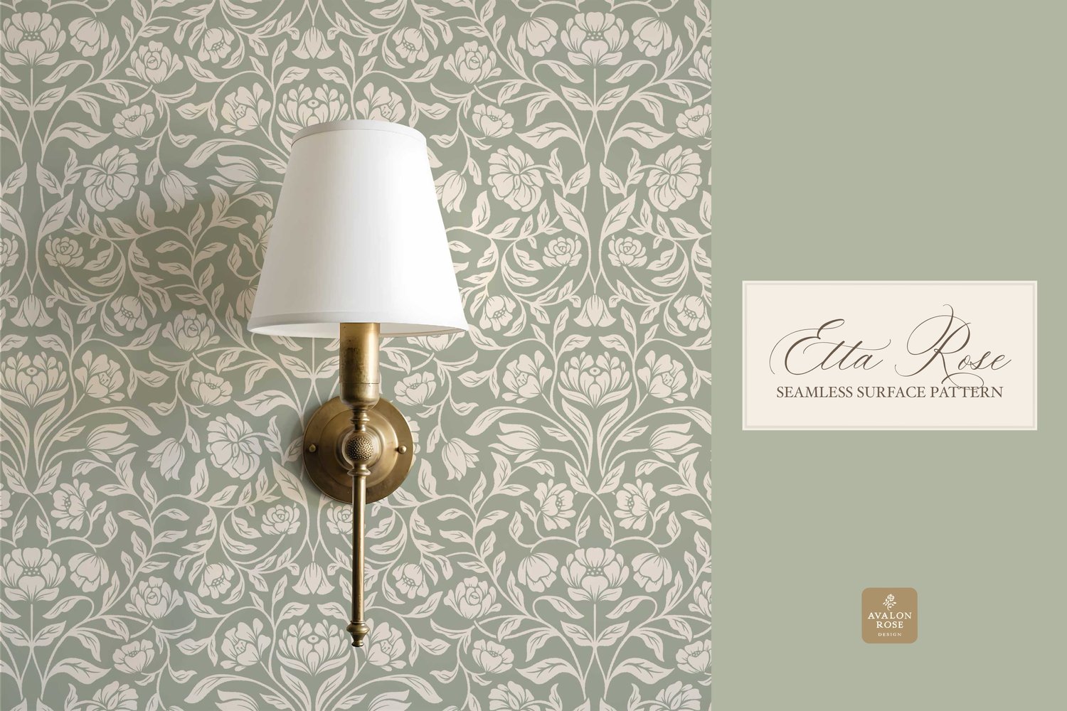 Vintage inspired hand drawn climbing rose damask in a woodblock style in sage green and cream on wallpaper