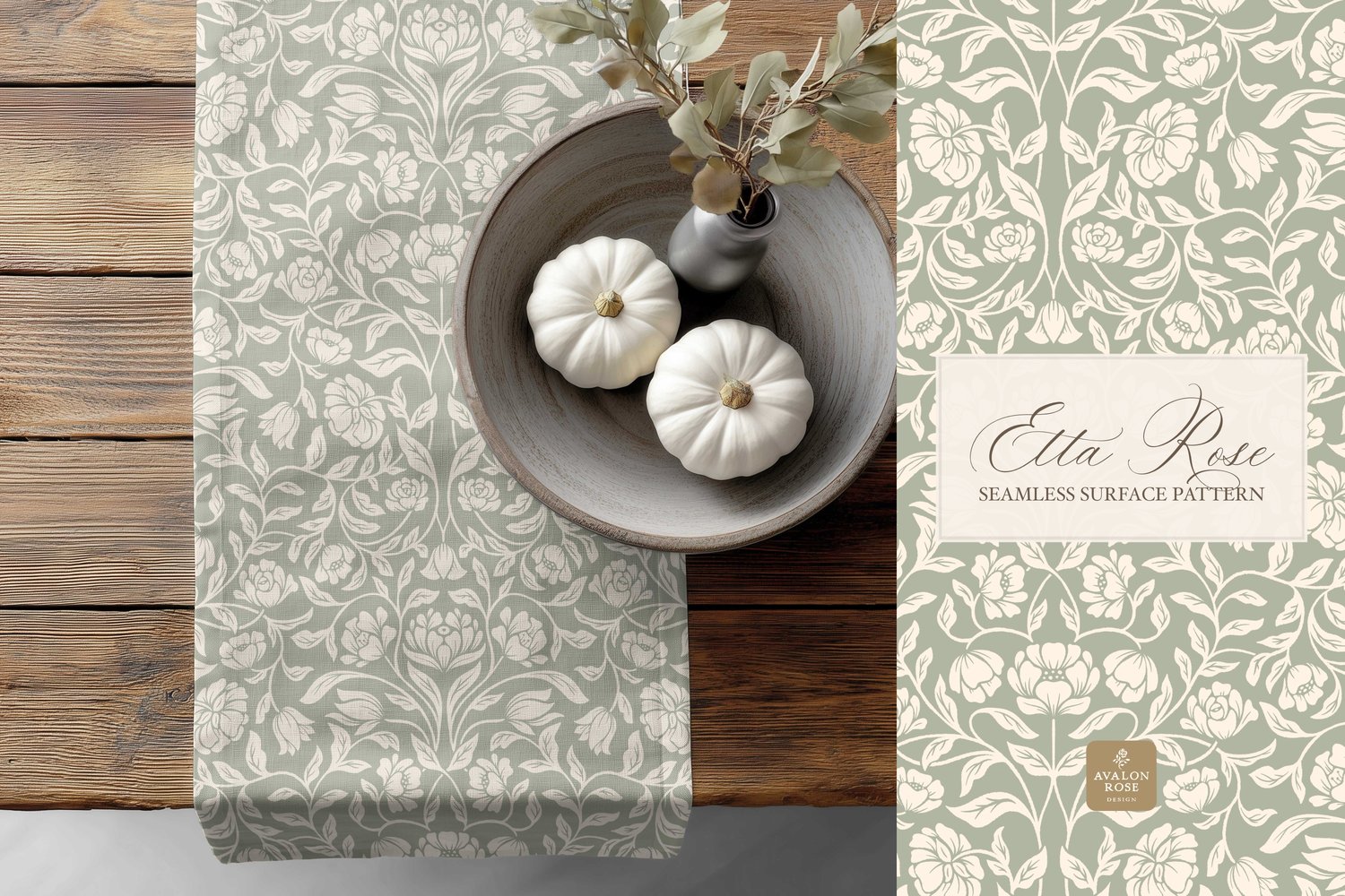 Vintage inspired hand drawn climbing rose damask in a woodblock style in sage green and cream on a towel