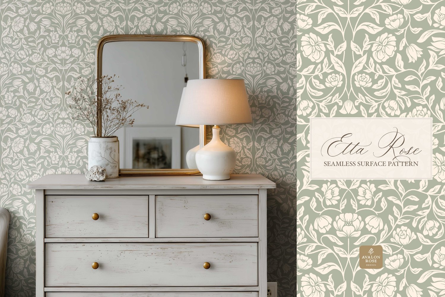 Vintage inspired hand drawn climbing rose damask in a woodblock style in sage green and cream on wallpaper