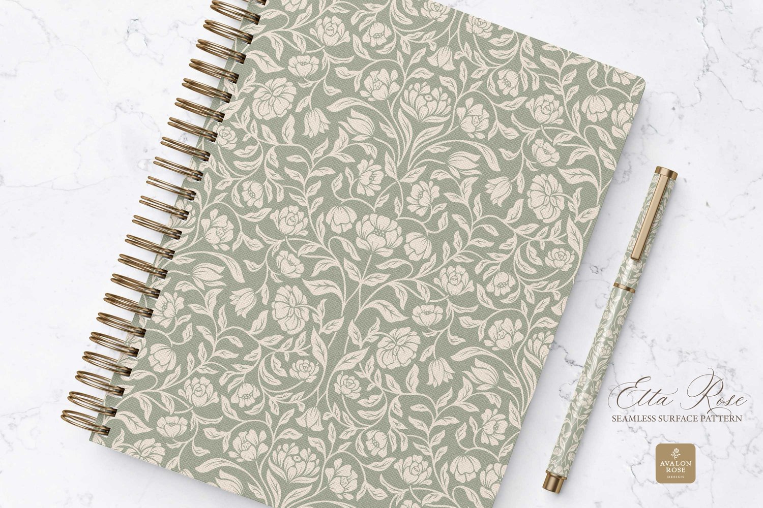Vintage inspired hand drawn climbing rose damask in a woodblock style in sage green and cream on a notebook
