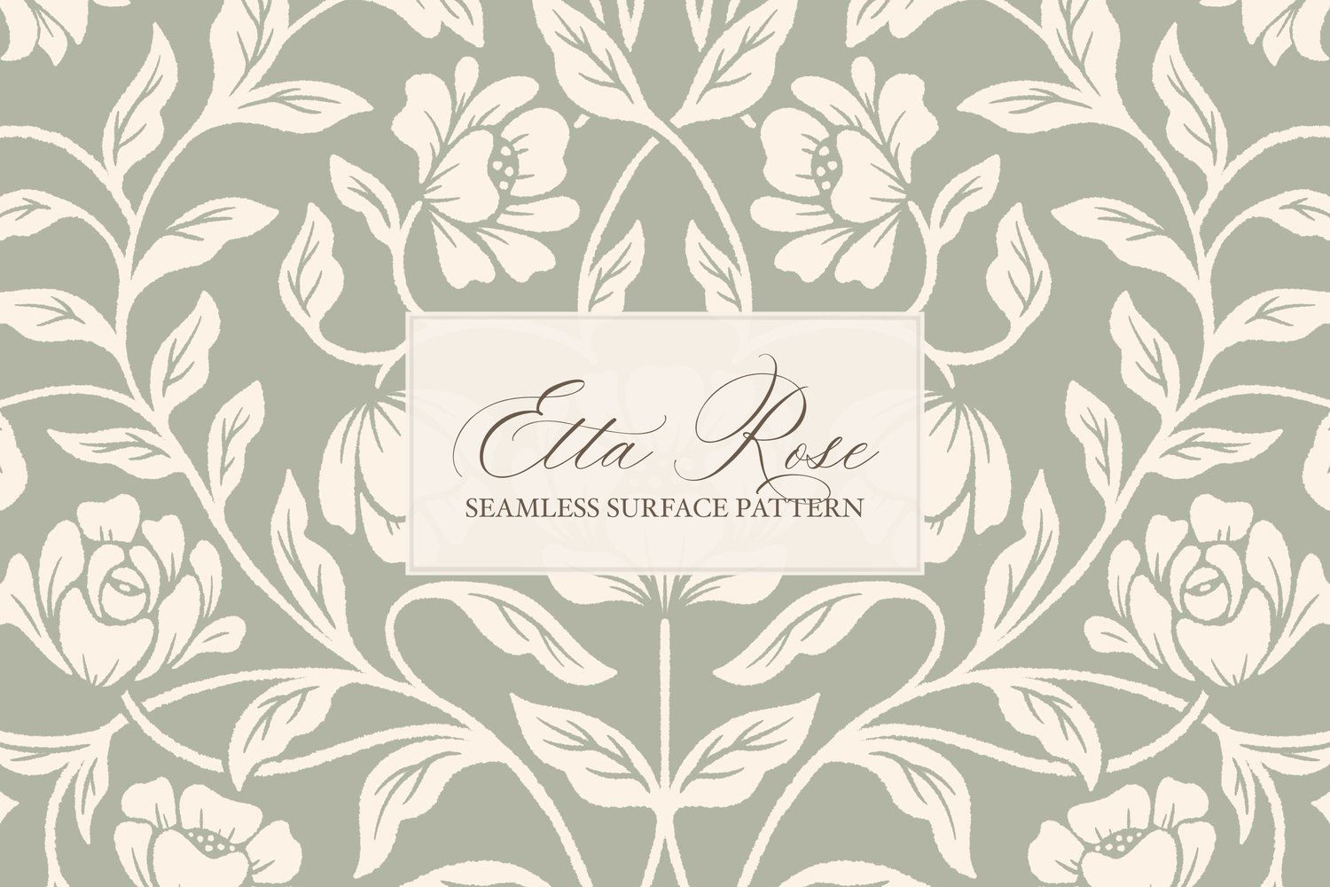 Vintage inspired hand drawn climbing rose damask in a woodblock style in sage green and cream