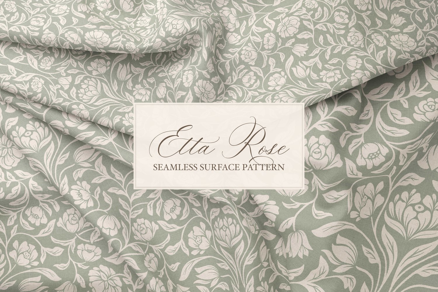 Vintage inspired hand drawn climbing rose damask in a woodblock style in sage green and cream on fabric