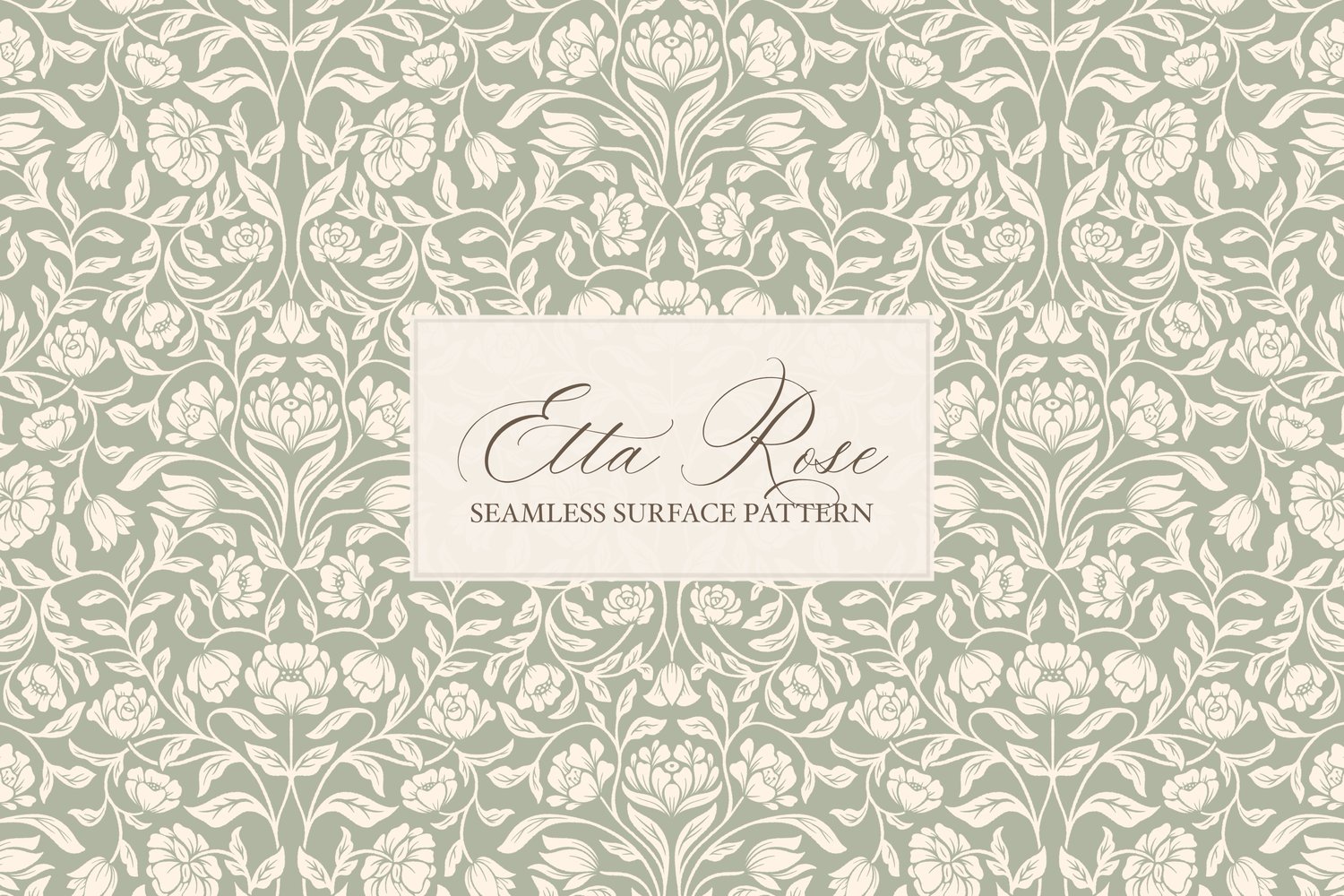 Vintage inspired hand drawn climbing rose damask in a woodblock style in sage green and cream