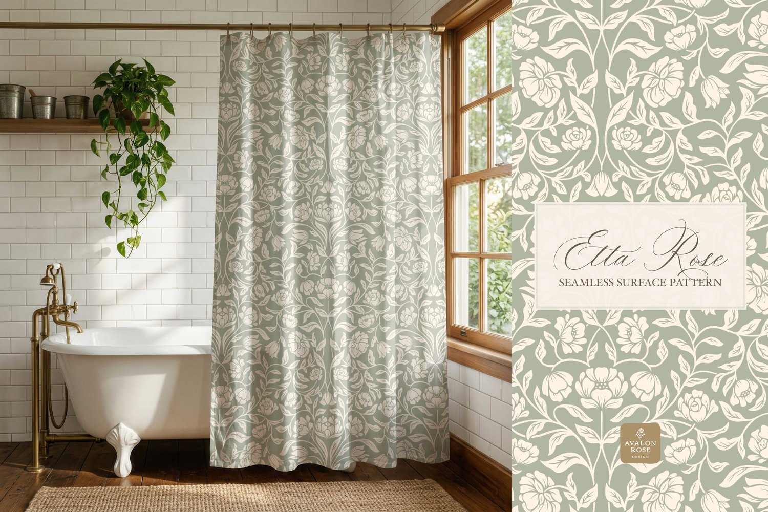 Vintage inspired hand drawn climbing rose damask in a woodblock style in sage green and cream on a curtain