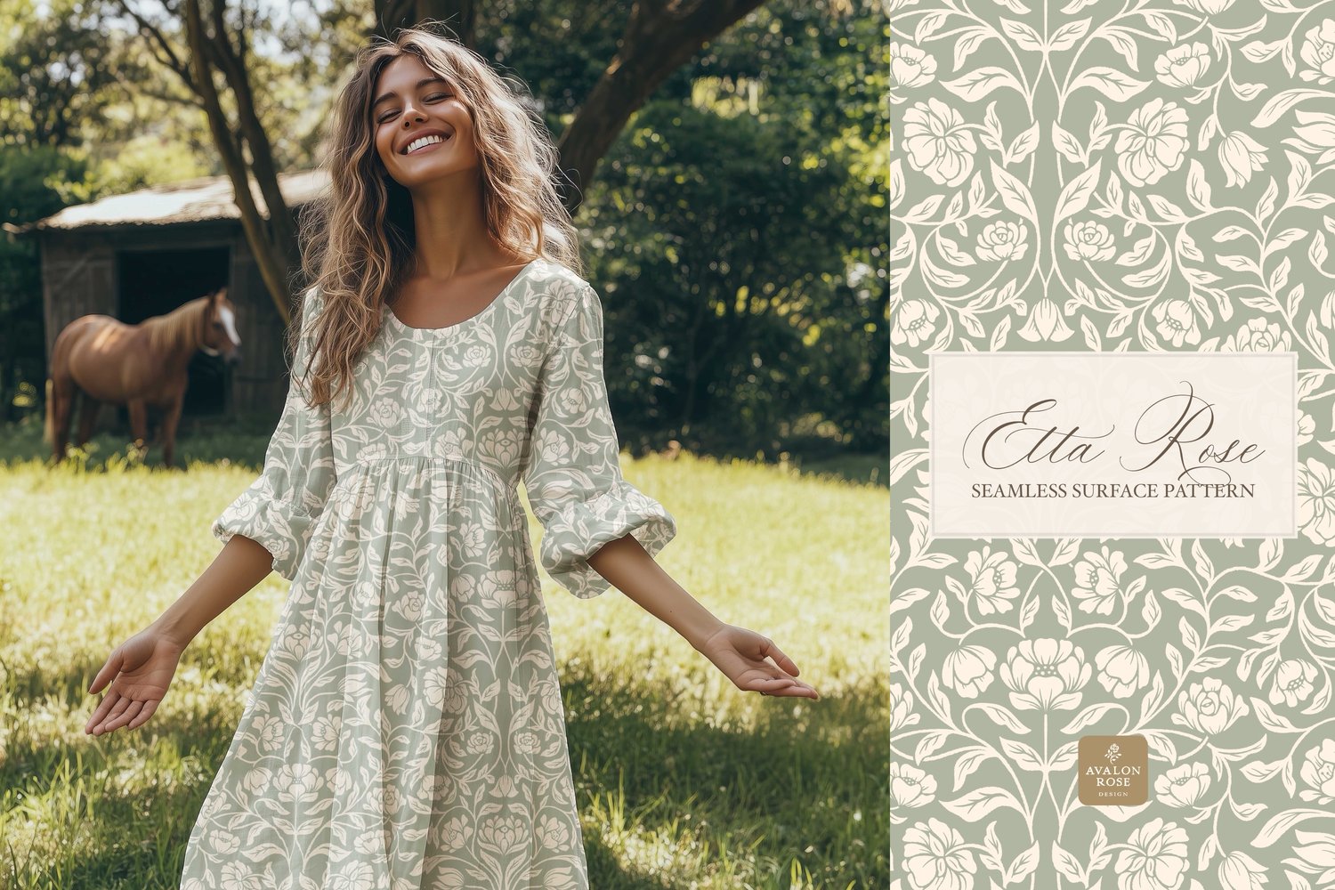 Vintage inspired hand drawn climbing rose damask in a woodblock style in sage green and cream on a dress