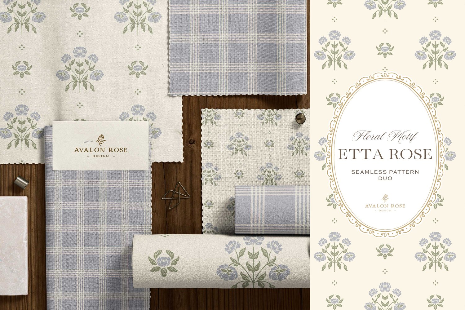 Vintage-inspired hand drawn floral motif seamless surface pattern featuring a floral and leaf pattern with a matching plaid in periwinkle blue