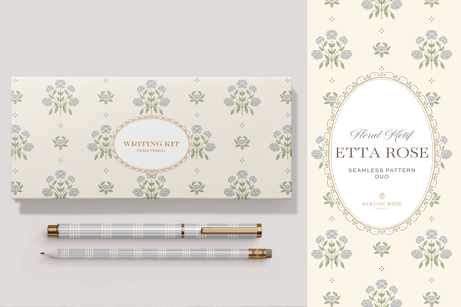 Vintage-inspired hand drawn floral motif seamless surface pattern featuring a floral and leaf pattern with a matching plaid in periwinkle blue