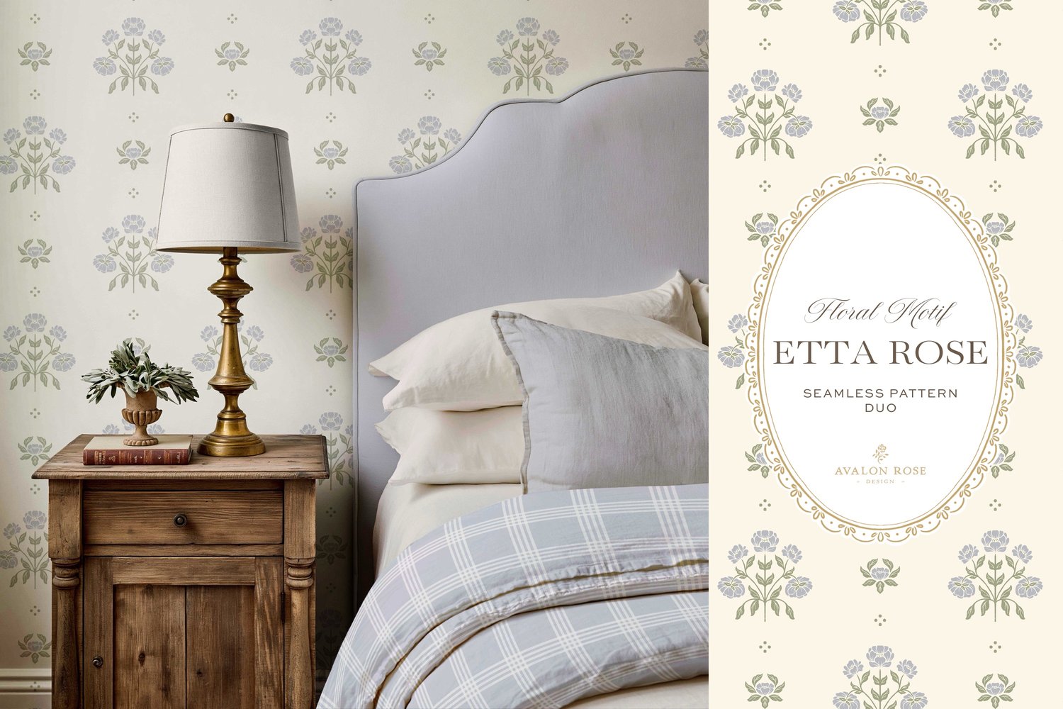 Vintage-inspired hand drawn floral motif seamless surface pattern featuring a floral and leaf pattern with a matching plaid in periwinkle blue