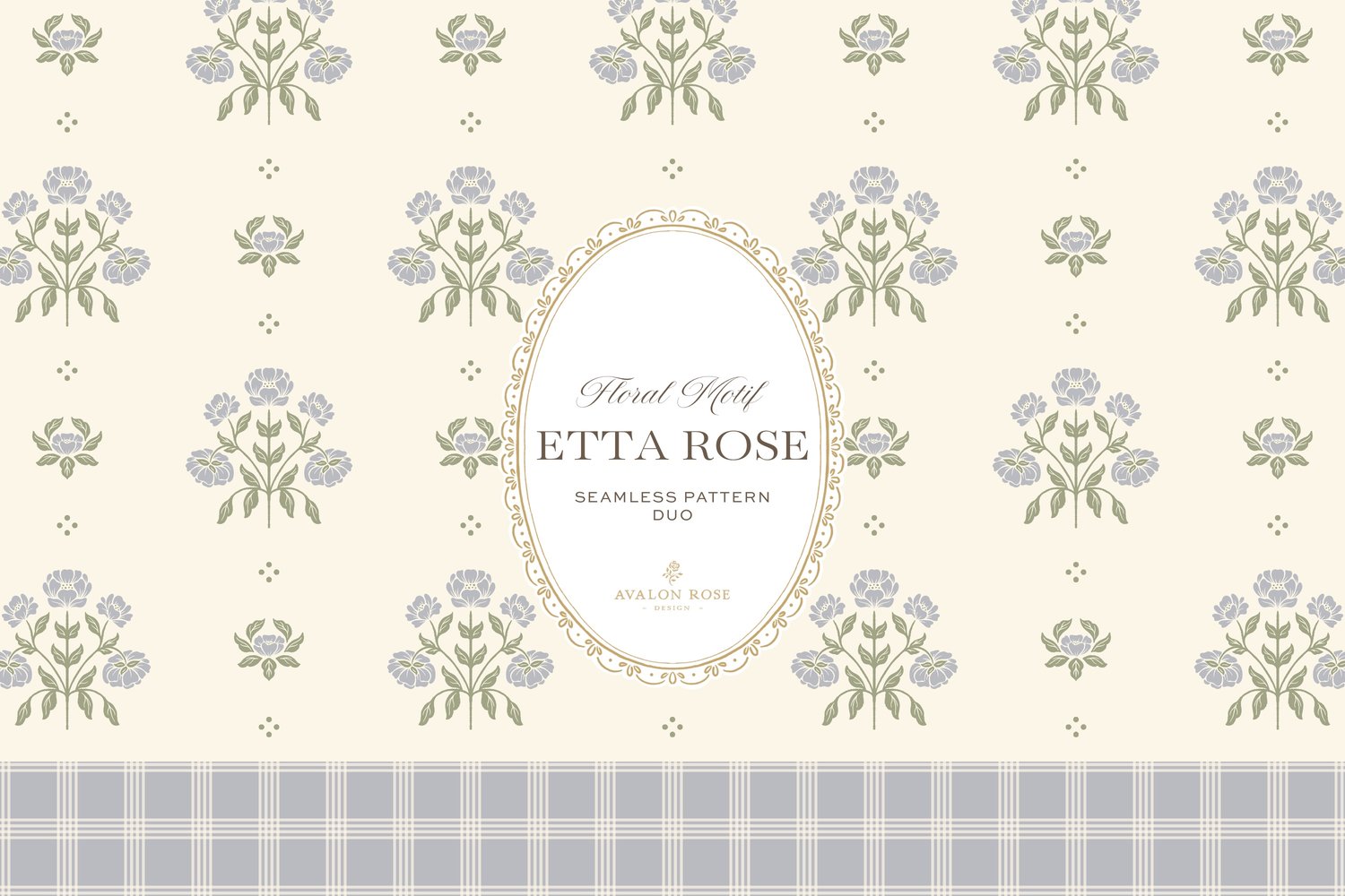 Vintage-inspired hand drawn floral motif seamless surface pattern featuring a floral and leaf pattern with a matching plaid in periwinkle blue