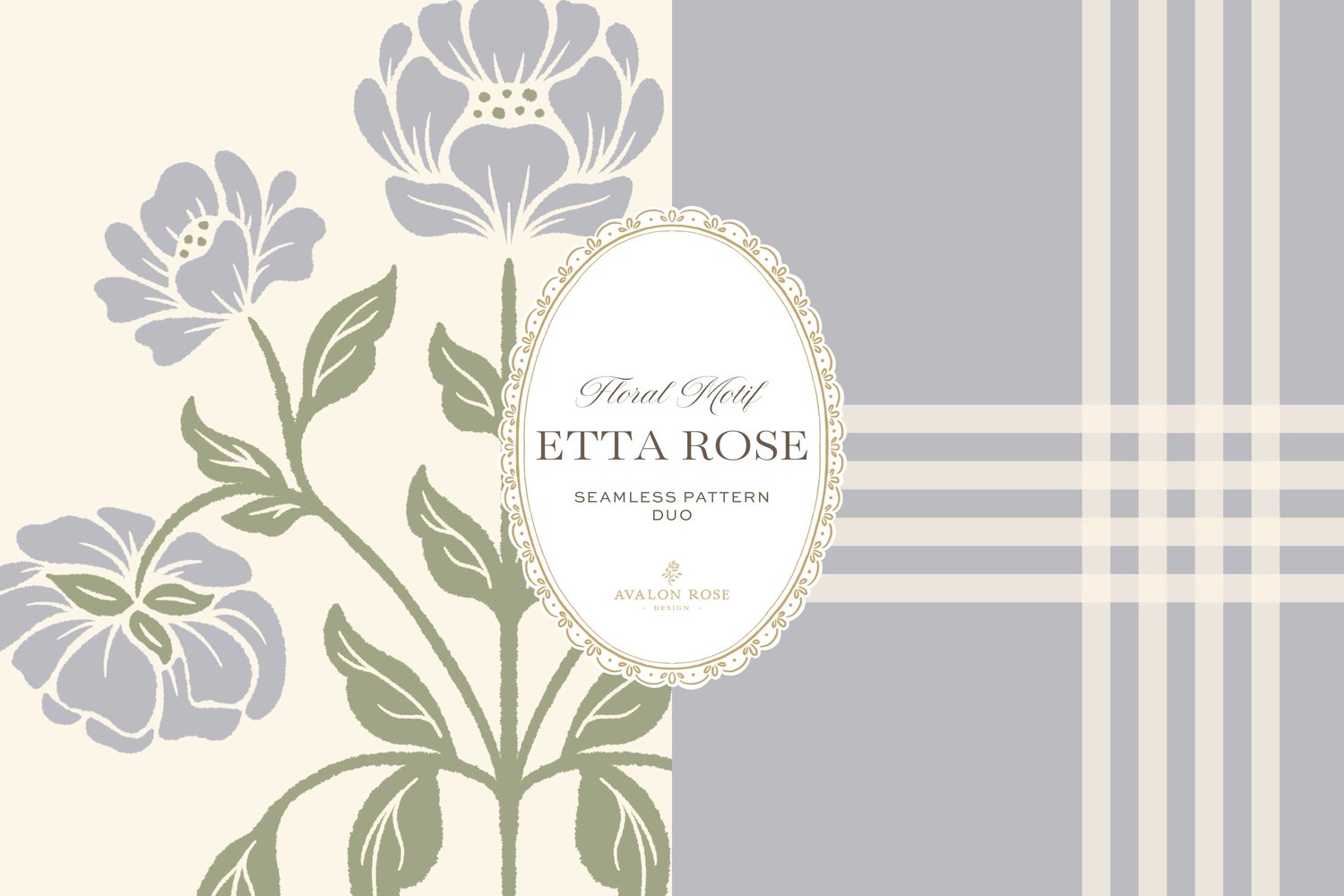 Vintage-inspired hand drawn floral motif seamless surface pattern featuring a floral and leaf pattern with a matching plaid in periwinkle blue