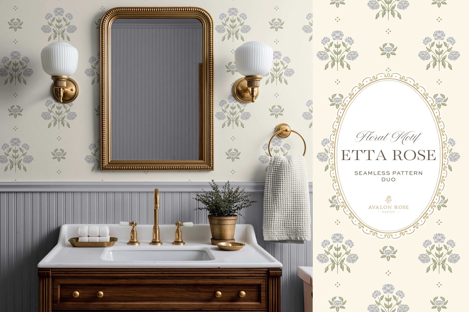 Vintage-inspired hand drawn floral motif seamless surface pattern featuring a floral and leaf pattern with a matching plaid in periwinkle blue