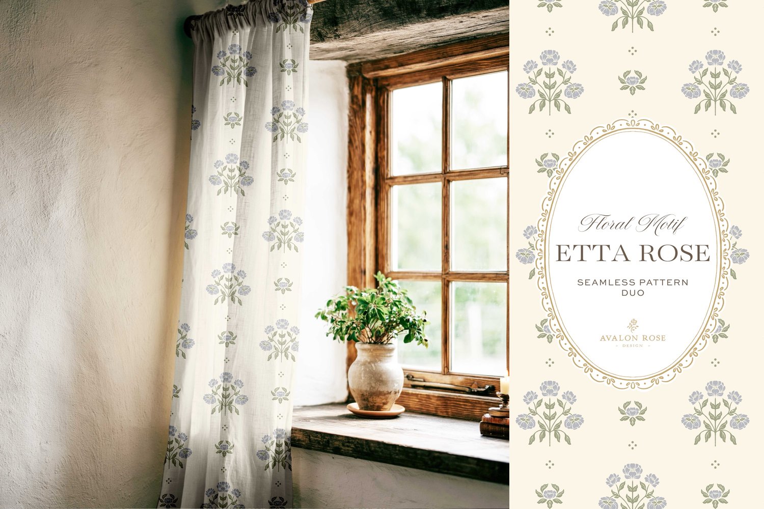 Vintage-inspired hand drawn floral motif seamless surface pattern featuring a floral and leaf pattern with a matching plaid in periwinkle blue