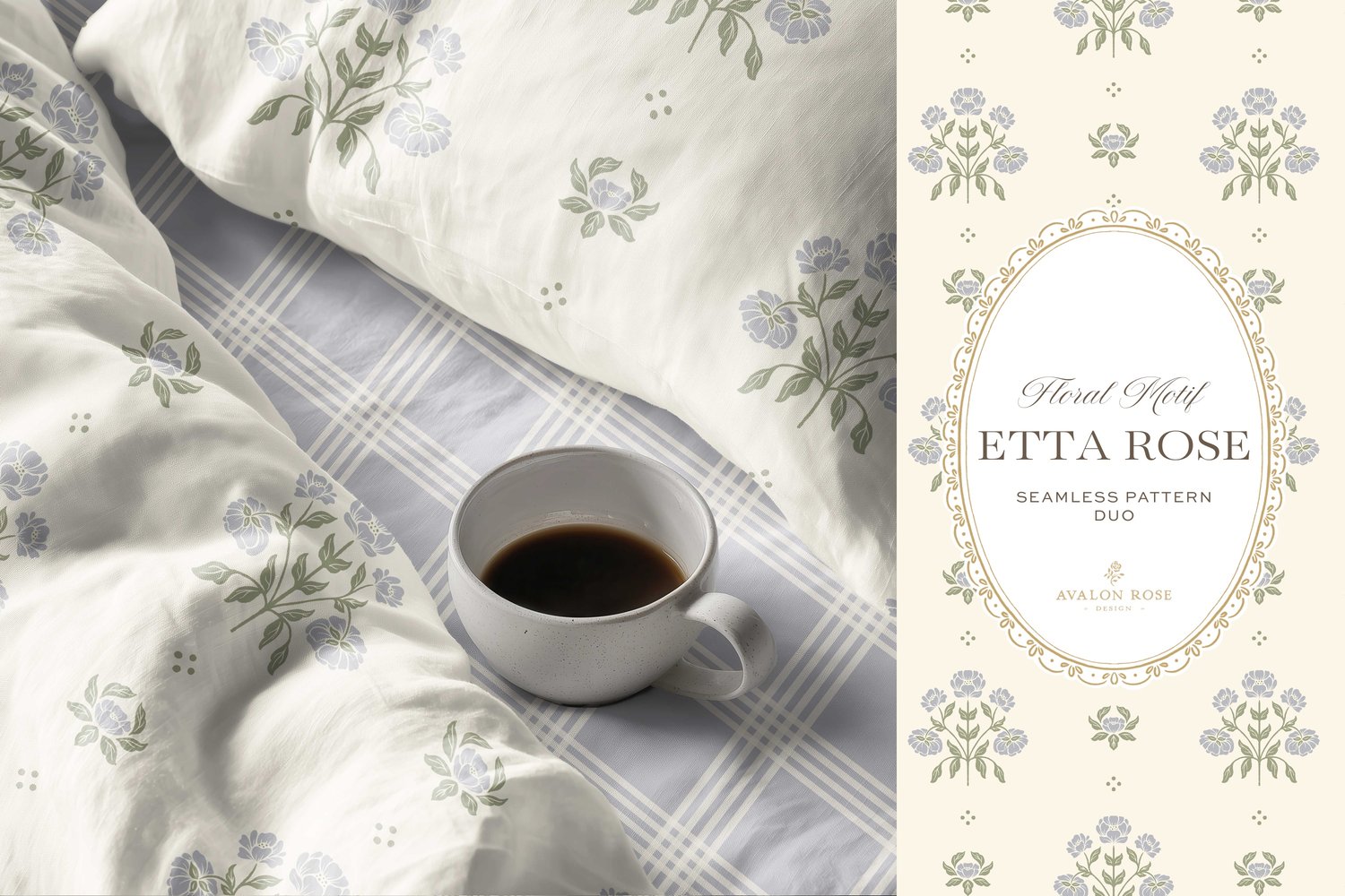 Vintage-inspired hand drawn floral motif seamless surface pattern featuring a floral and leaf pattern with a matching plaid in periwinkle blue