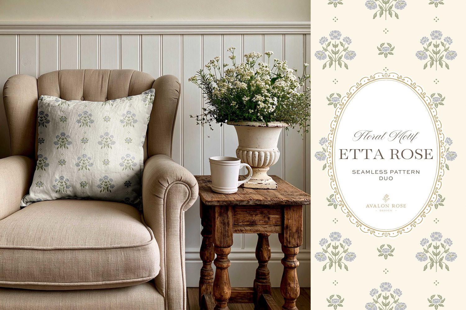 Vintage-inspired hand drawn floral motif seamless surface pattern featuring a floral and leaf pattern with a matching plaid in periwinkle blue