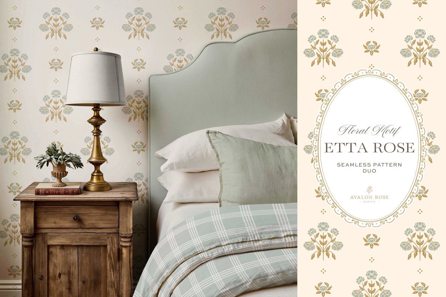 Vintage-inspired hand drawn floral motif seamless surface pattern featuring a floral and leaf pattern with a matching plaid in sage green on wallpaper