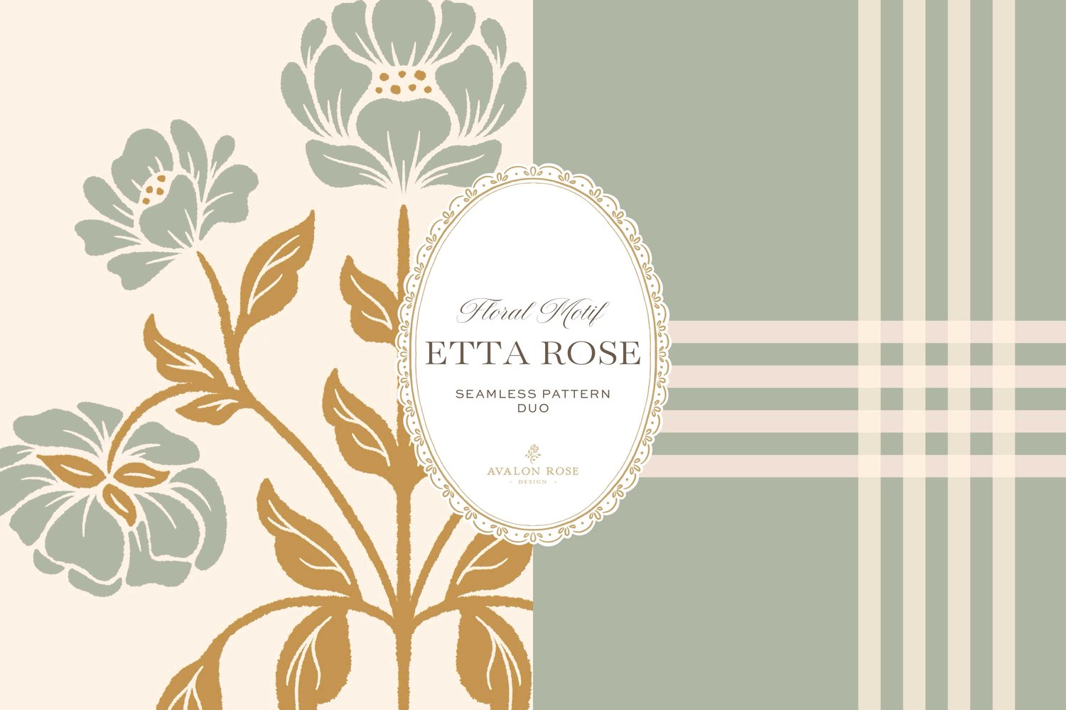 Vintage-inspired hand drawn floral motif seamless surface pattern featuring a floral and leaf pattern with a matching plaid in sage green