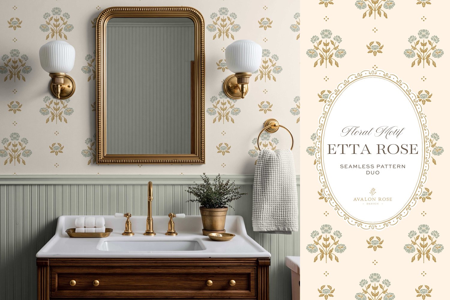 Vintage-inspired hand drawn floral motif seamless surface pattern featuring a floral and leaf pattern with a matching plaid in sage green on wallpaper