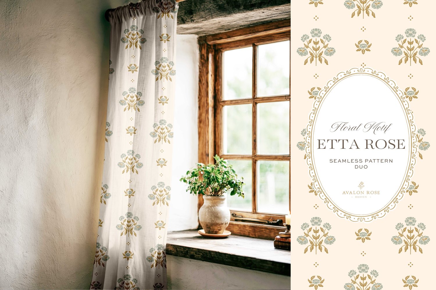 Vintage-inspired hand drawn floral motif seamless surface pattern featuring a floral and leaf pattern with a matching plaid in sage green on a curtain