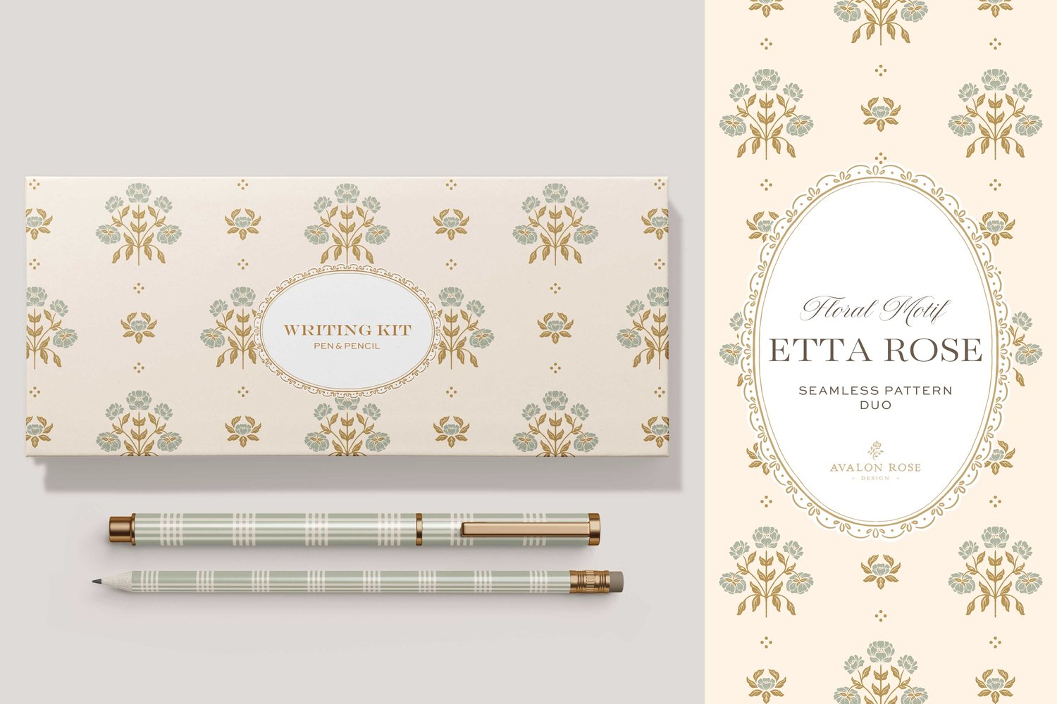 Vintage-inspired hand drawn floral motif seamless surface pattern featuring a floral and leaf pattern with a matching plaid in sage green on packaging