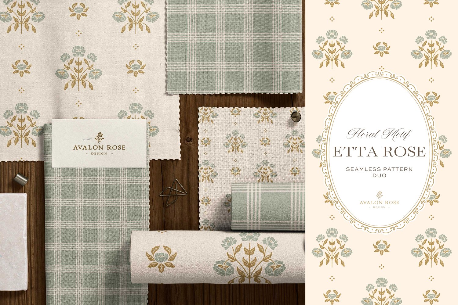 Vintage-inspired hand drawn floral motif seamless surface pattern featuring a floral and leaf pattern with a matching plaid in sage green on fabric and wallpaper