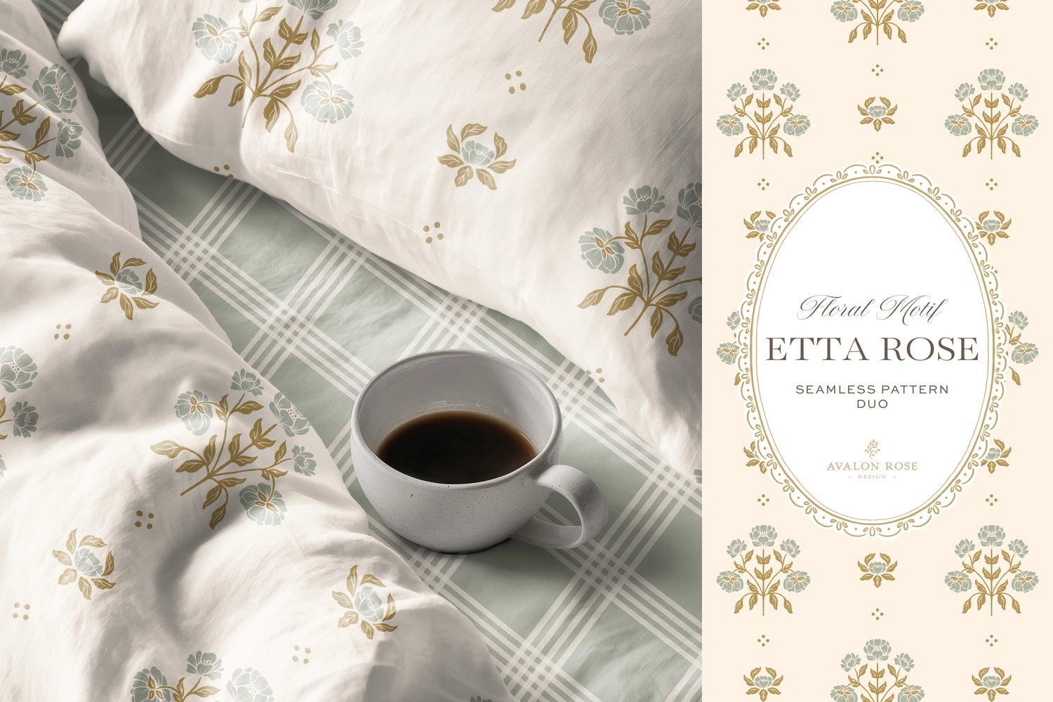 Vintage-inspired hand drawn floral motif seamless surface pattern featuring a floral and leaf pattern with a matching plaid in sage green on bedding