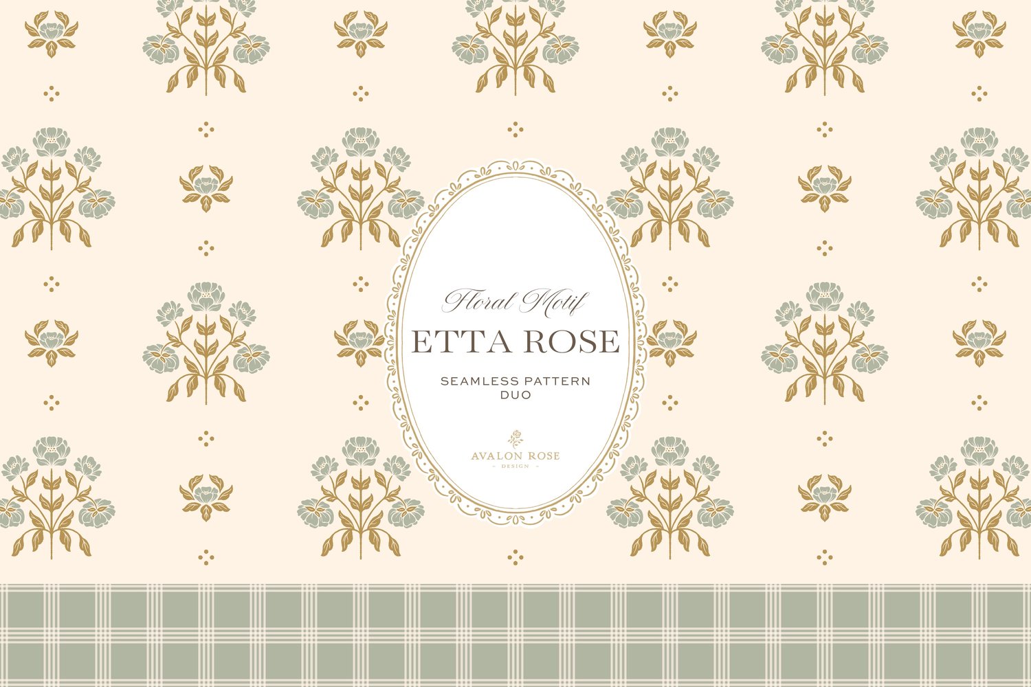 Vintage-inspired hand drawn floral motif seamless surface pattern featuring a floral and leaf pattern with a matching plaid in sage green