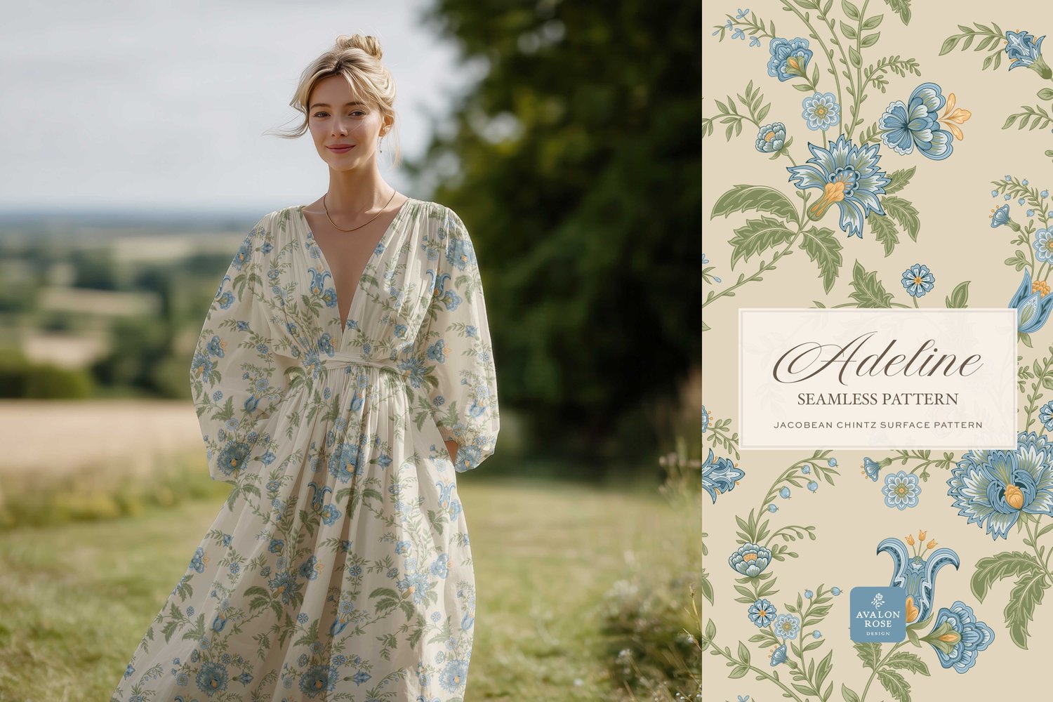 Hand drawn seamless surface pattern featuring intricate, stylized florals and climbing vines in blue, yellow, and green on a dress