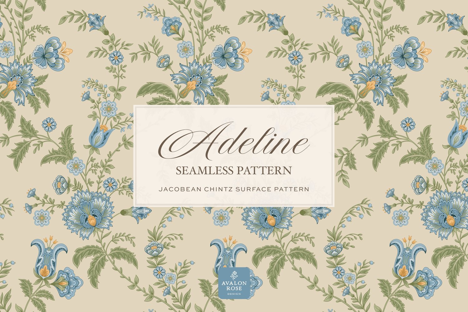 Hand drawn seamless surface pattern featuring intricate, stylized florals and climbing vines in blue, yellow, and green
