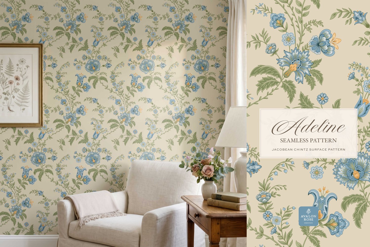 Hand drawn seamless surface pattern featuring intricate, stylized florals and climbing vines in blue, yellow, and green on wallpaper