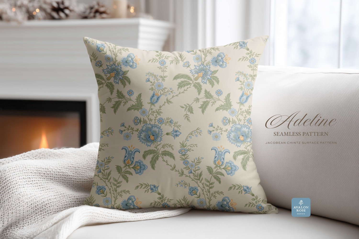 Hand drawn seamless surface pattern featuring intricate, stylized florals and climbing vines in blue, yellow, and green on a pillow
