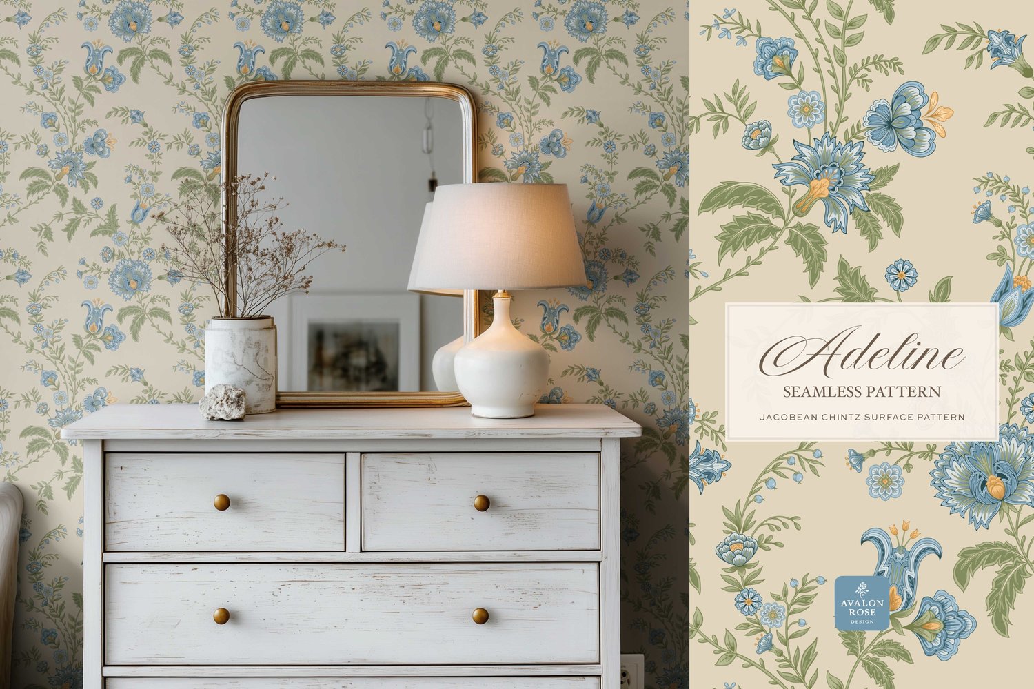 Hand drawn seamless surface pattern featuring intricate, stylized florals and climbing vines in blue, yellow, and green on wallpaper