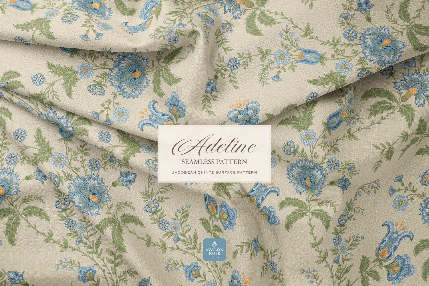 Hand drawn seamless surface pattern featuring intricate, stylized florals and climbing vines in blue, yellow, and green on fabric
