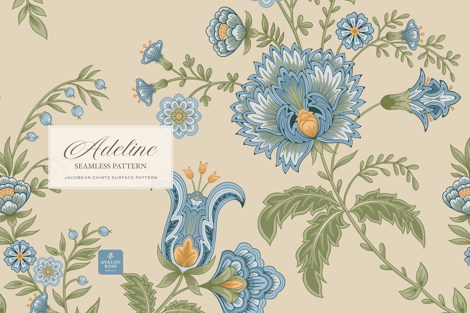 Hand drawn seamless surface pattern featuring intricate, stylized florals and climbing vines in blue, yellow, and green