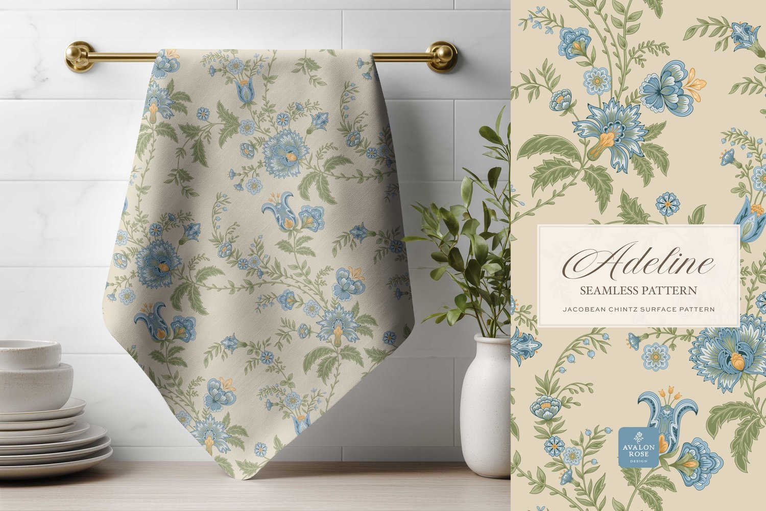 Hand drawn seamless surface pattern featuring intricate, stylized florals and climbing vines in blue, yellow, and green on a towel