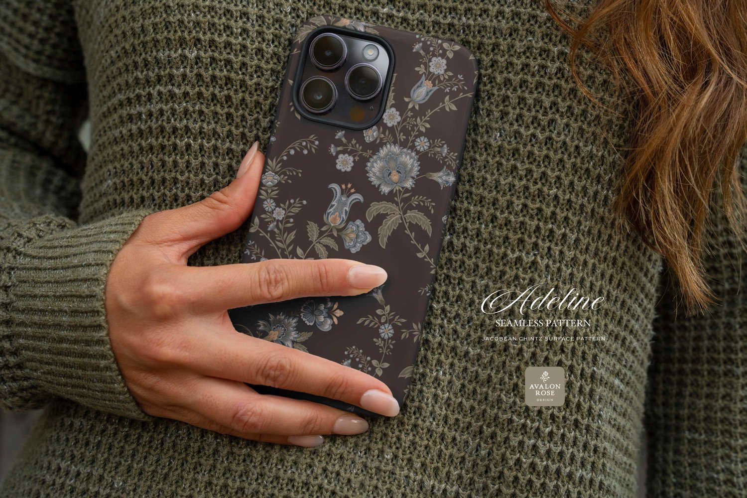 Hand drawn seamless surface pattern featuring intricate, stylized florals and climbing vines in dark brown, blues, and greens