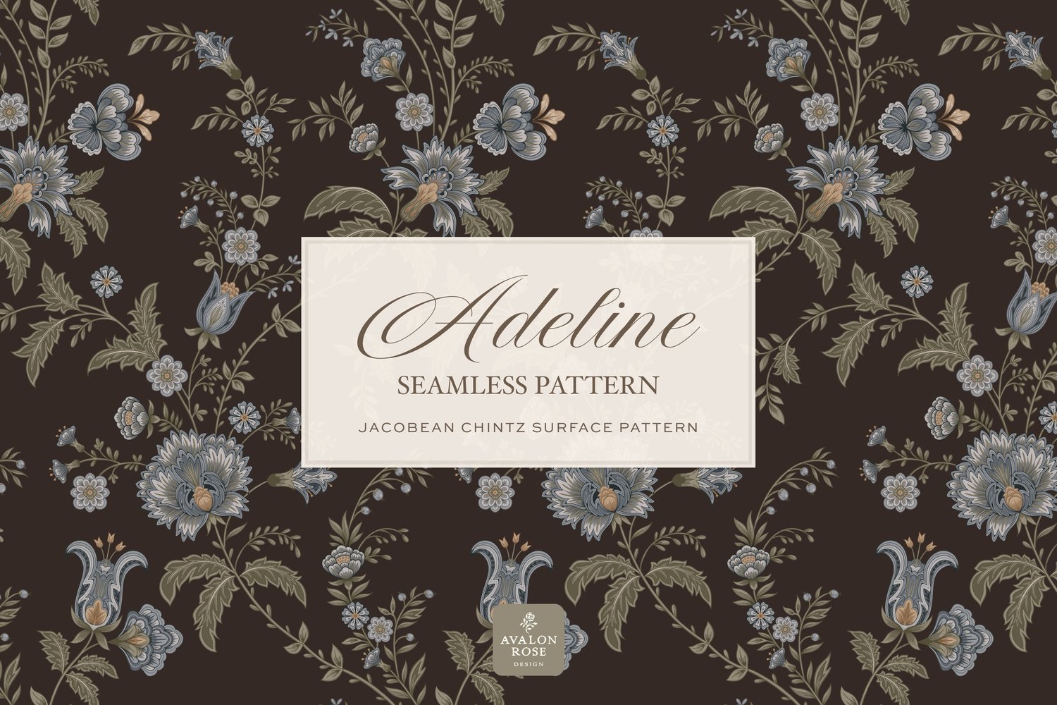 Hand drawn seamless surface pattern featuring intricate, stylized florals and climbing vines in dark brown, blues, and greens