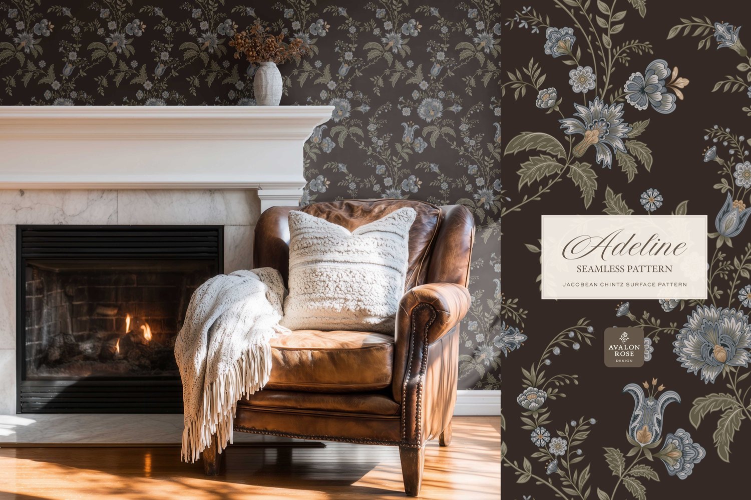 Hand drawn seamless surface pattern featuring intricate, stylized florals and climbing vines in dark brown, blues, and greens