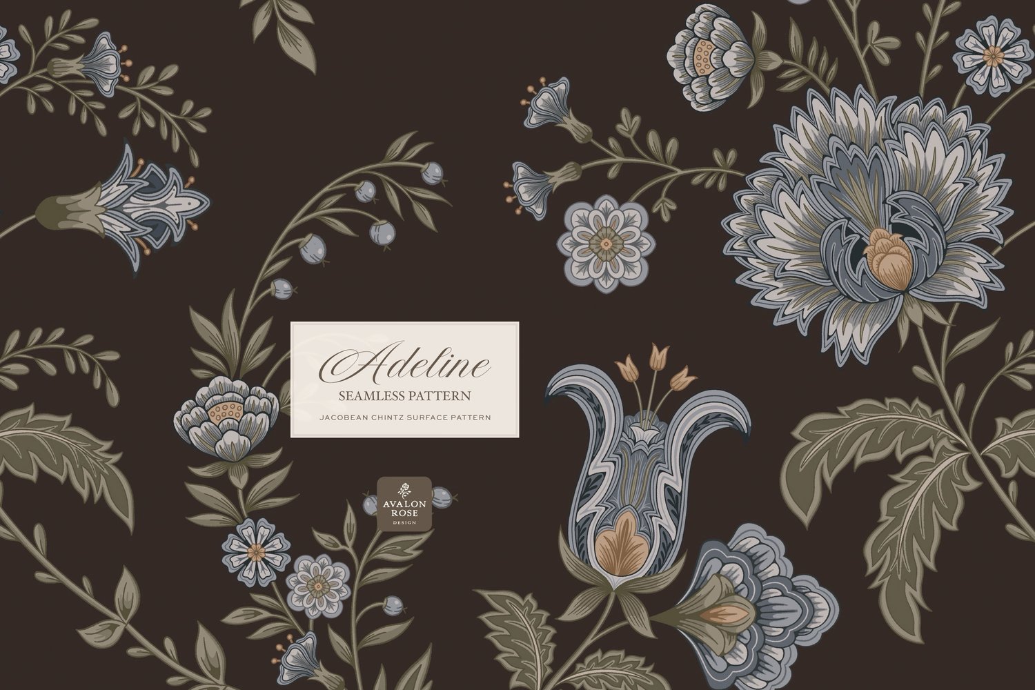 Hand drawn seamless surface pattern featuring intricate, stylized florals and climbing vines in dark brown, blues, and greens