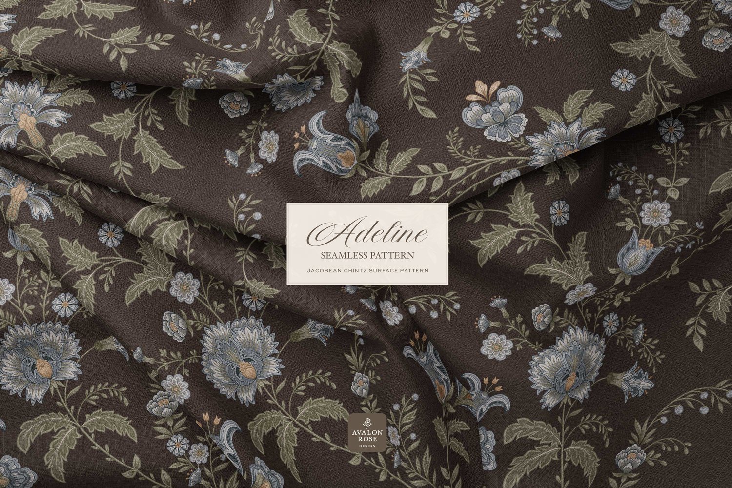 Hand drawn seamless surface pattern featuring intricate, stylized florals and climbing vines in dark brown, blues, and greens