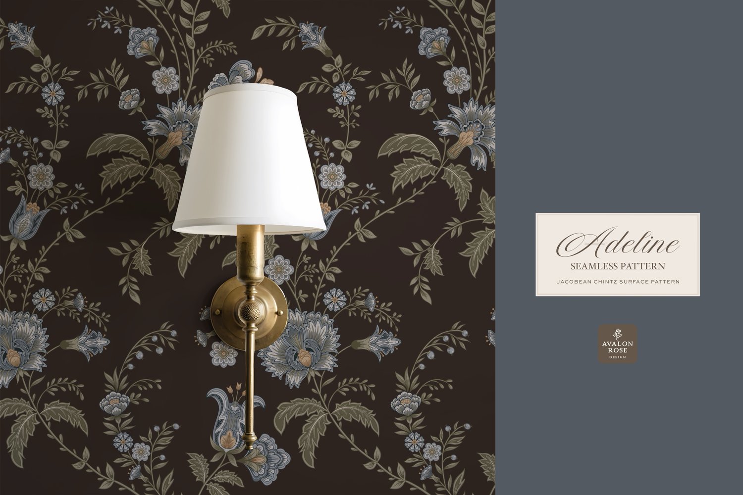 Hand drawn seamless surface pattern featuring intricate, stylized florals and climbing vines in dark brown, blues, and greens