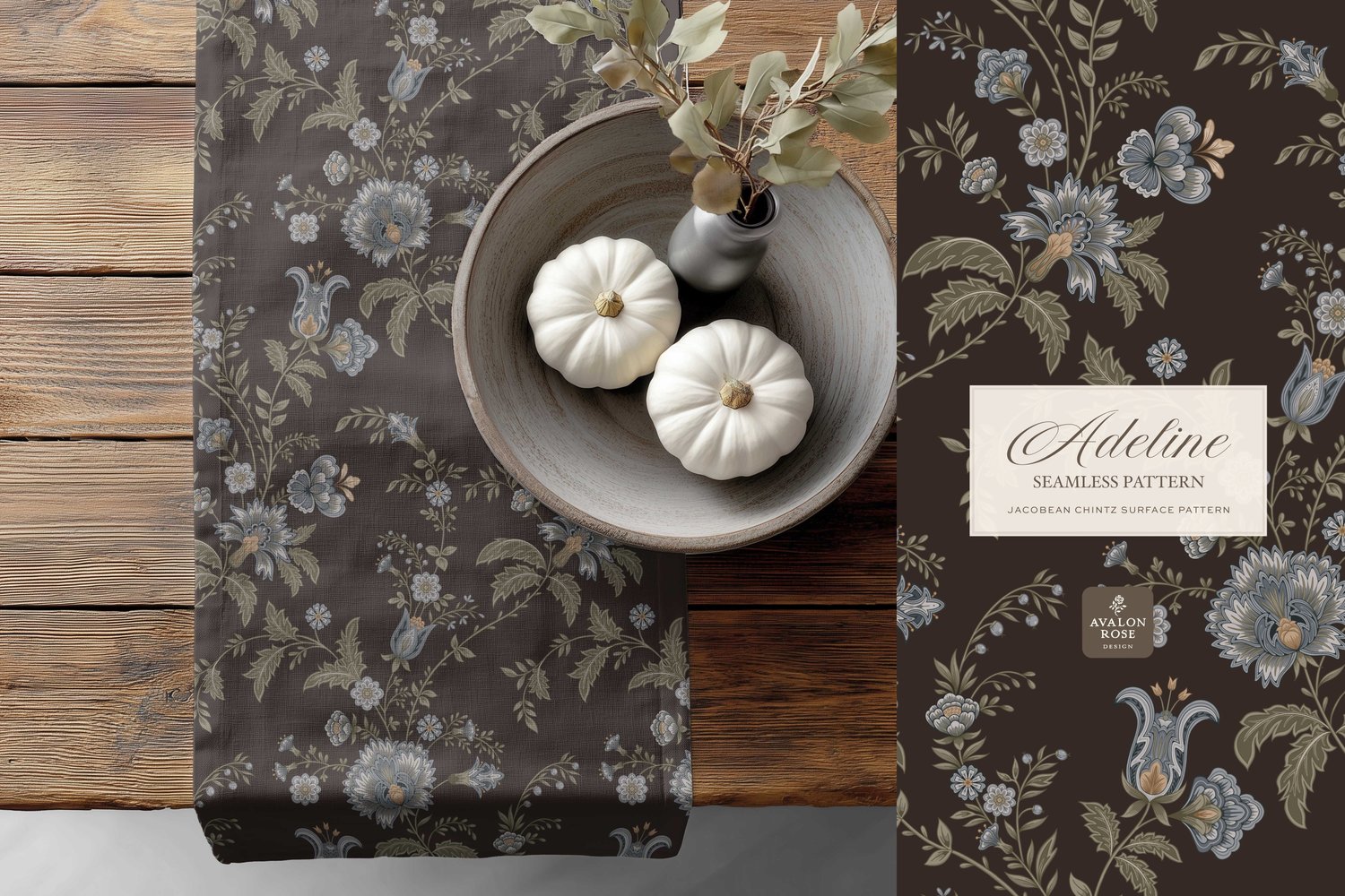 Hand drawn seamless surface pattern featuring intricate, stylized florals and climbing vines in dark brown, blues, and greens