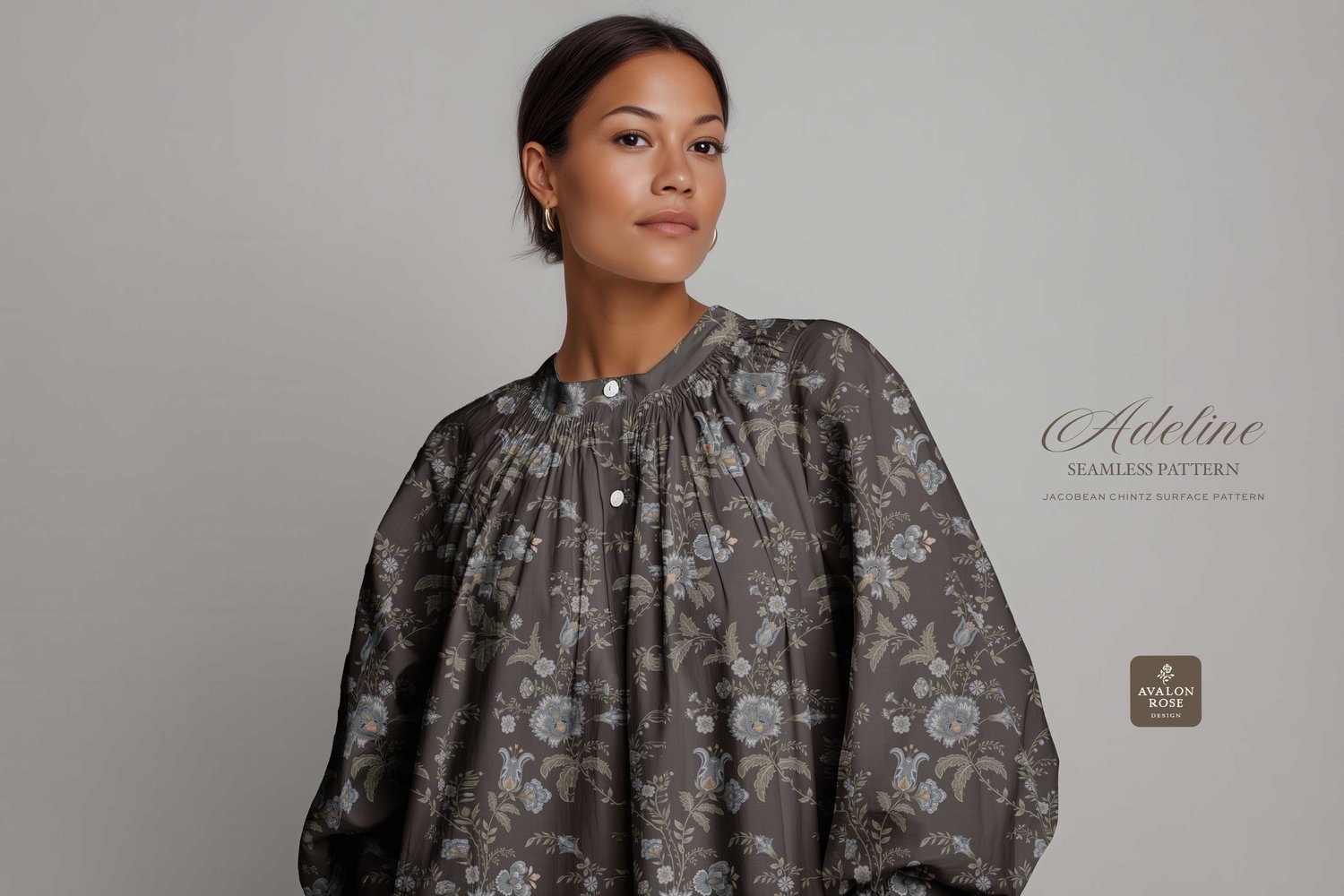 Hand drawn seamless surface pattern featuring intricate, stylized florals and climbing vines in dark brown, blues, and greens
