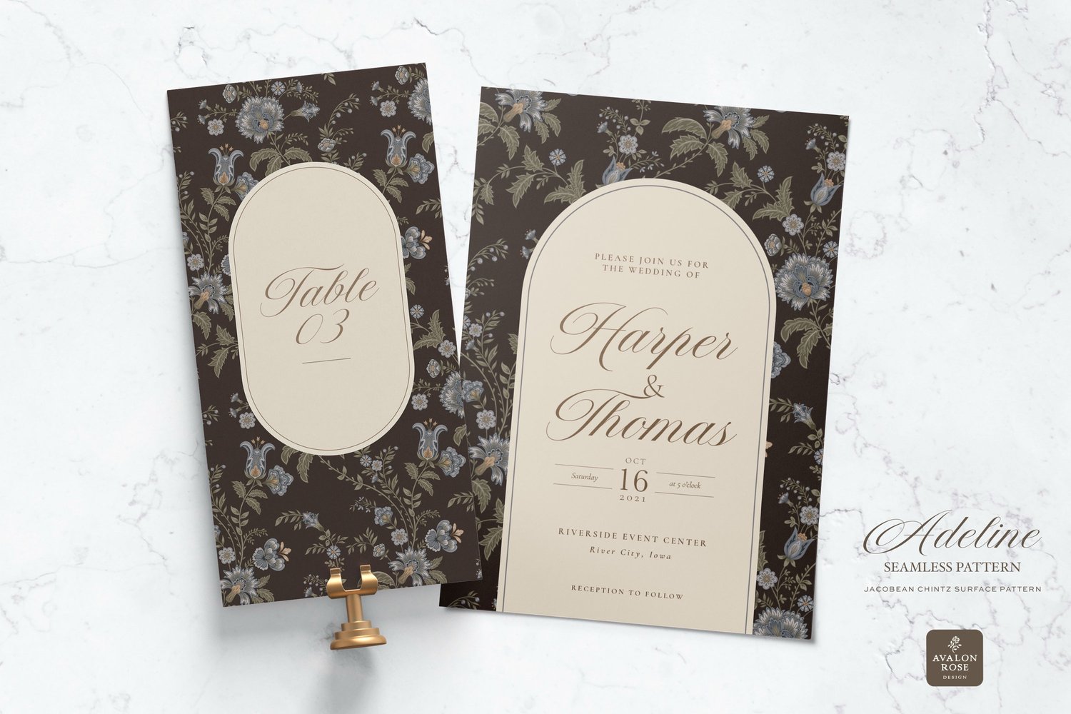 Hand drawn seamless surface pattern featuring intricate, stylized florals and climbing vines in dark brown, blues, and greens